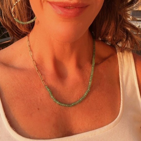 BUNDLE EARRING AND NECKLACE Green Aventurine Sparkly hoops half paperclip chain - Picture 2 of 16